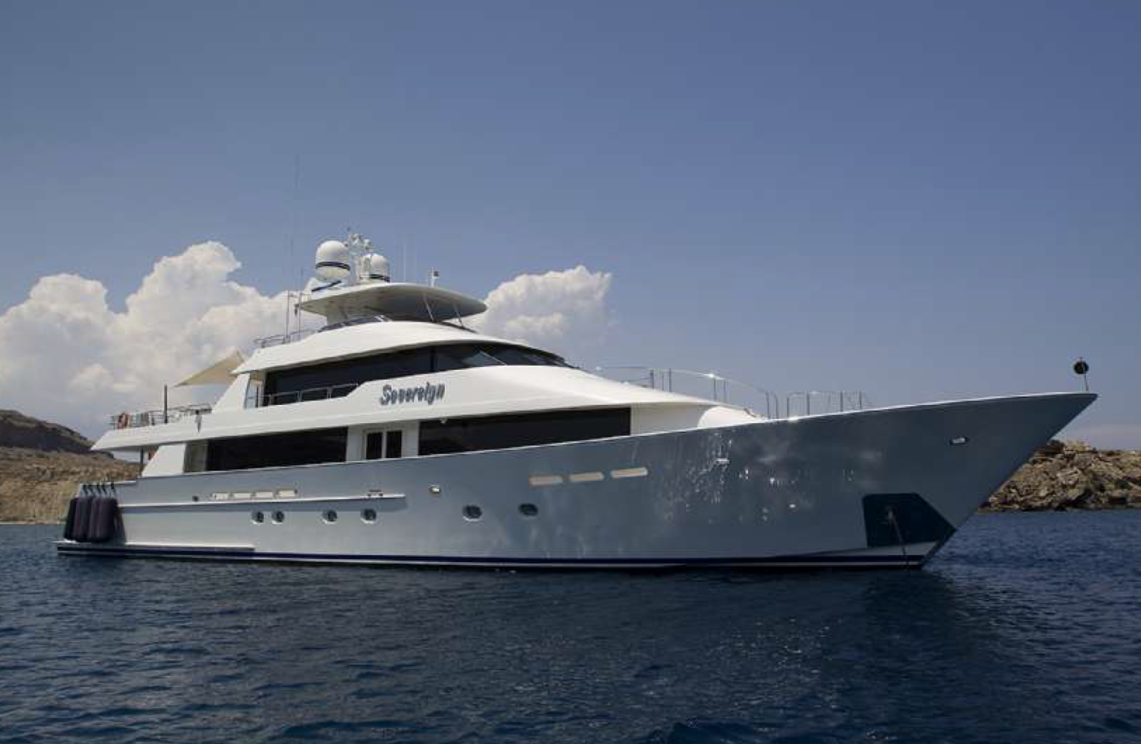 A yacht branded with the word Sovereign
